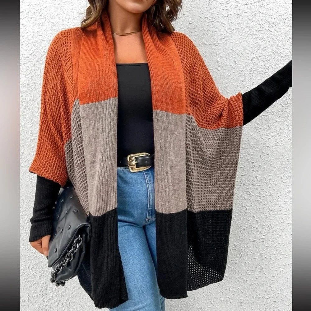 Plus Size Comfy Color block Batwing Open Front Shawl Sweater Cardigan - Picture 1 of 6